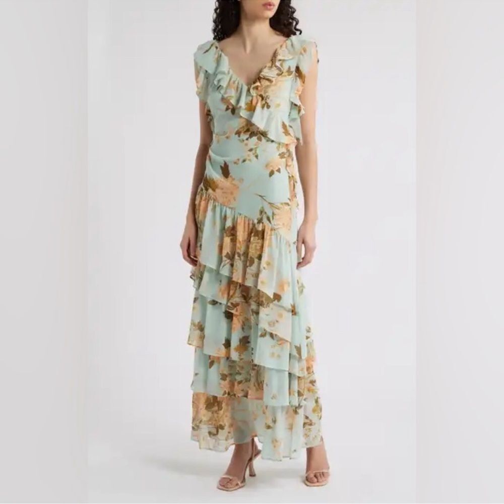 Chelsea28 Cap Sleeve Floral Ruffle Tiered Blue Romantic Bloom Dress New!
